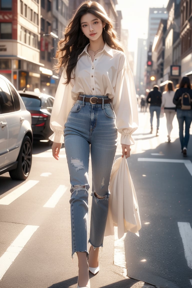 background is urban street,16 yo,beautiful girl,high school student,very_long_hair,hair_past_waist,waist length hair,curly hair,dark brown hair,tall,wearing white collared shirt,jeans and highheels,walking,smile,Best Quality, 32k, photorealistic, ultra-detailed, finely detailed, high resolution, perfect dynamic composition, beautiful detailed eyes, sharp-focus, cowboy shot,side shot,SIBear