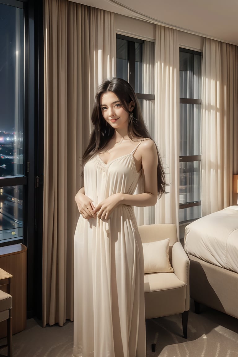 night_view_background,girl,hair_past_waist,very_long_hair,smile,standing at window,wearing night gown,looking out the window,Best Quality, 32k, photorealistic, ultra-detailed, finely detailed, high resolution, perfect dynamic composition, beautiful detailed eyes, sharp-focus, cowboy_shot, front shot,