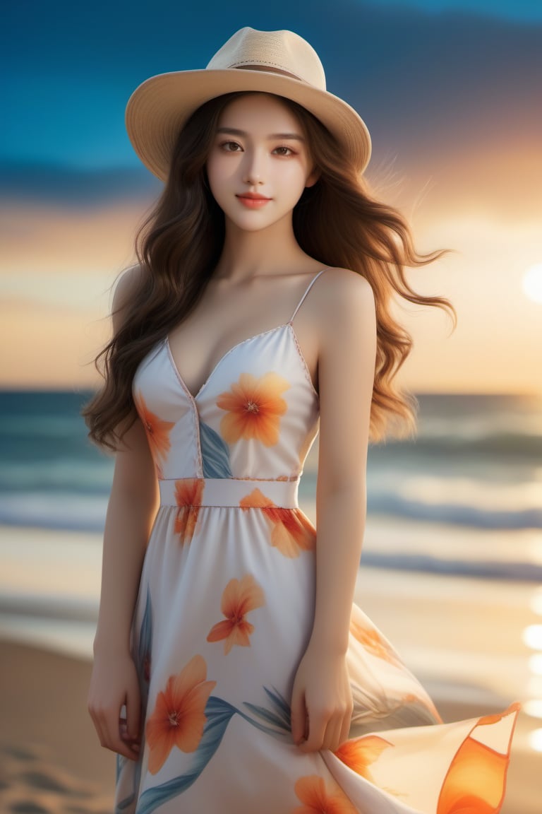 background is beach,16 yo,beautiful girl,very long hair,curly hair,dark brown hair,wearing summer flower dress,smile,Best Quality, 32k, photorealistic, ultra-detailed, finely detailed, high resolution, perfect dynamic composition, beautiful detailed eyes, sharp-focus, cowboy shot,