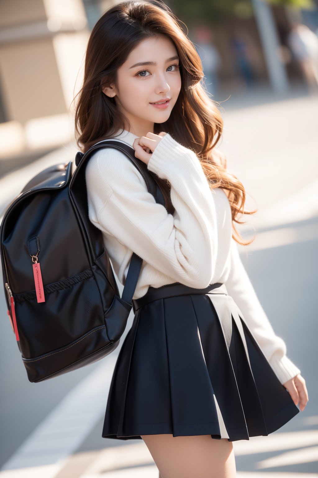 background is high school building,students,16 yo,beautiful girl,long hair,curly hair,dark brown hair,high school student,wearing school uniform(long sleeves) and backpack,she is walking on the way to school,some students are walking and passing by,smile,Best Quality, 32k, photorealistic, ultra-detailed, finely detailed, high resolution, perfect dynamic composition, beautiful detailed eyes, sharp-focus, cowboy shot,perfect legs,loose socks,white socks,