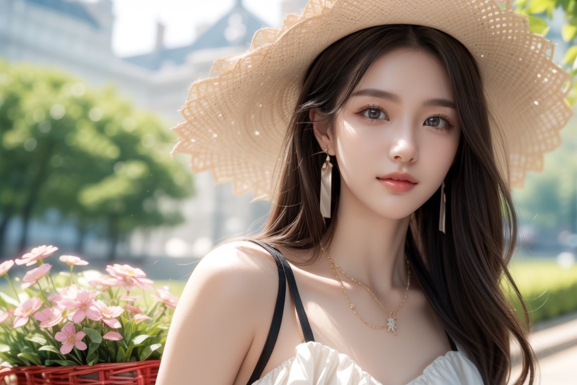 background is lawn,trees,flowers,
20 yo, 1 girl, beautiful korean girl, 
wearing lovely whitw simple dress(strap),happy smile,
ride a bicycle(basket),women hat(short brimmed hat),
solo, {beautiful and detailed eyes}, dark eyes, calm expression, delicate facial features, ((model pose)), Glamor body type, (dark hair:1.2),hair_past_waist,curly hair,very long hair,simple tiny earrings,simple tiny necklace, flim grain, realhands, masterpiece, Best Quality, 16k, photorealistic, ultra-detailed, finely detailed, high resolution, perfect dynamic composition, beautiful detailed eyes, eye smile, ((nervous and embarrassed)), sharp-focus, full_body, cowboy_shot,