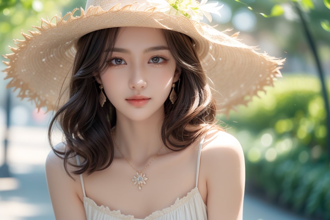 background is lawn,trees,flowers,
20 yo, 1 girl, beautiful korean girl, 
wearing lovely whitw simple dress(strap),happy smile,
ride a bicycle(basket),women hat(short brimmed hat),
solo, {beautiful and detailed eyes}, dark eyes, calm expression, delicate facial features, ((model pose)), Glamor body type, (dark hair:1.2),hair_past_waist,curly hair,very long hair,simple tiny earrings,simple tiny necklace, flim grain, realhands, masterpiece, Best Quality, 16k, photorealistic, ultra-detailed, finely detailed, high resolution, perfect dynamic composition, beautiful detailed eyes, eye smile, ((nervous and embarrassed)), sharp-focus, full_body, cowboy_shot,