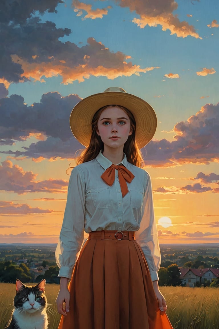 (best quality, masterpiece:1.2), style of Bo Bartlett, studio ghibli, outdoors, magical realism, translucent, volumetric lighting, dark colors, film grain, 1girl, solo, long skirt, looking at viewer, brown skirt, blue eyes, cat, shirt, sky, sunset, white shirt, orange sky, hand on headwear, orange theme, medium hair, twilight, yellow hat, parted lips, cowboy shot, hat, cloud,sun hat, smile, long sleeves, cloudy sky, skirt, 