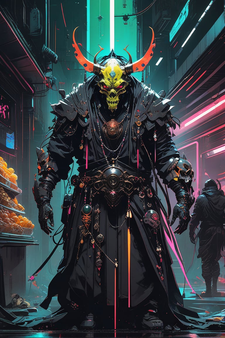 (style of Aleksi Briclot, (by Benedick Bana:1.2):1.1), concept art, dark cyberpunk futuristic neon market, A full body view, A heavy textured oni demon face with well-defined details with intricate prayer beads made out of skulls, neon, cloak, intricate ornaments, dynamic composition, cyberpunk art, Intricate Details, space suit, mysterio, hypermaximalist, dark and stylish aesthetic, fantasy theme