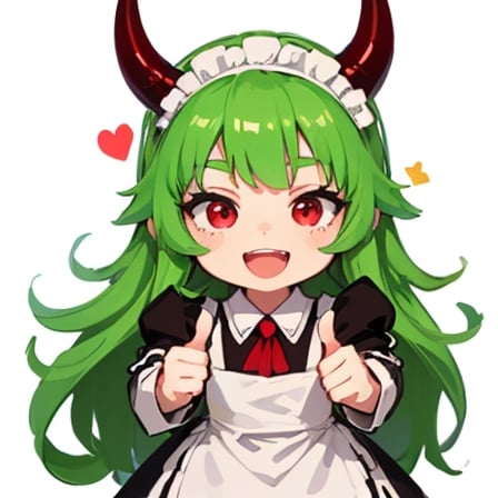 (best quality, vivid colors, anime:1.1), 1girl, chibi, red eyes,horns, red horns, light green hair, thumb up, long hair, maid costume,maid headdress, gentle sunlight, cheerful expression, emote for twitch, white background, sticker