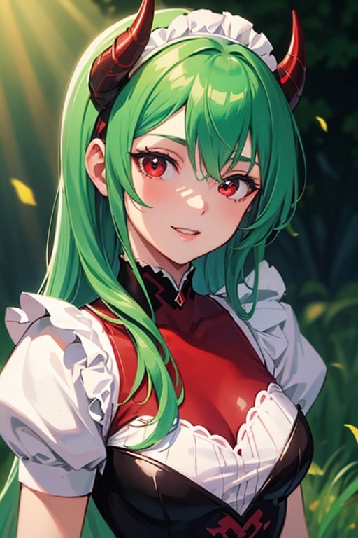 (best quality, vivid colors, anime:1.1), detailed eyes and face,red eyes, red horns, light green hair, long hair, maid costume, gentle sunlight, cheerful expression, dynamic pose, artistic lighting, 1girl, vibrant background