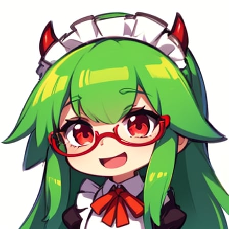 (best quality, vivid colors, anime:1.1), 1girl, chibi, red eyes,horns, red horns, light green hair, long hair, maid costume,maid headdress,nerd, nerd glasses, gentle sunlight, cheerful expression, emote for twitch, white background, sticker