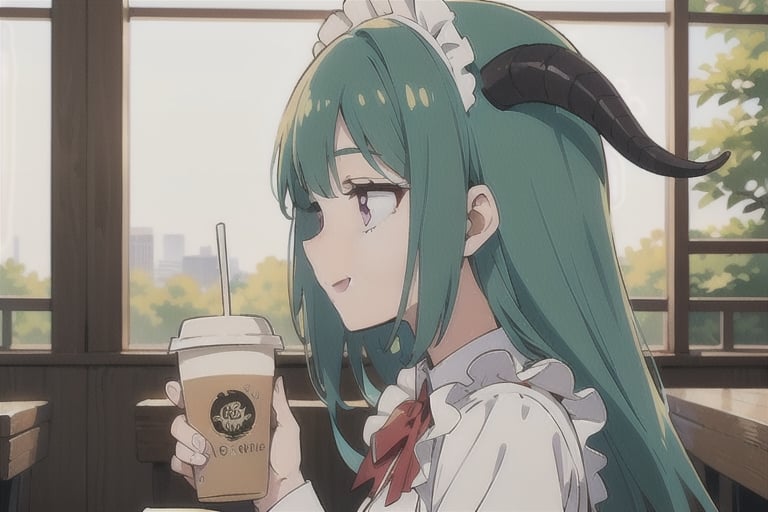 (best quality, vivid colors, anime:1.1), 1girl, red eyes, horns, red horns, light green hair, long hair, maid costume, maid headdress, gentle sunlight, cheerful expression, face focus, profile picture, brightful colors, sitting at a cafeteria, holding a coffee