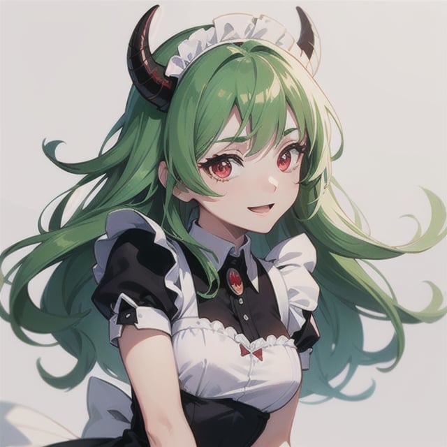 (best quality, vivid colors, anime:1.1), 1girl, red eyes, horns, red horns, light green hair, long hair, maid costume, maid headdress, gentle sunlight, cheerful expression, white background, face only, face focus, staring at viewer,profile picture