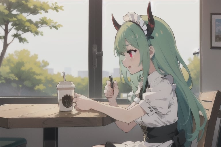 (best quality, vivid colors, anime:1.1), 1girl, red eyes, horns, red horns, light green hair, long hair, maid costume, maid headdress, gentle sunlight, cheerful expression, face focus, profile picture, brightful colors, sitting at a cafeteria, holding a coffee