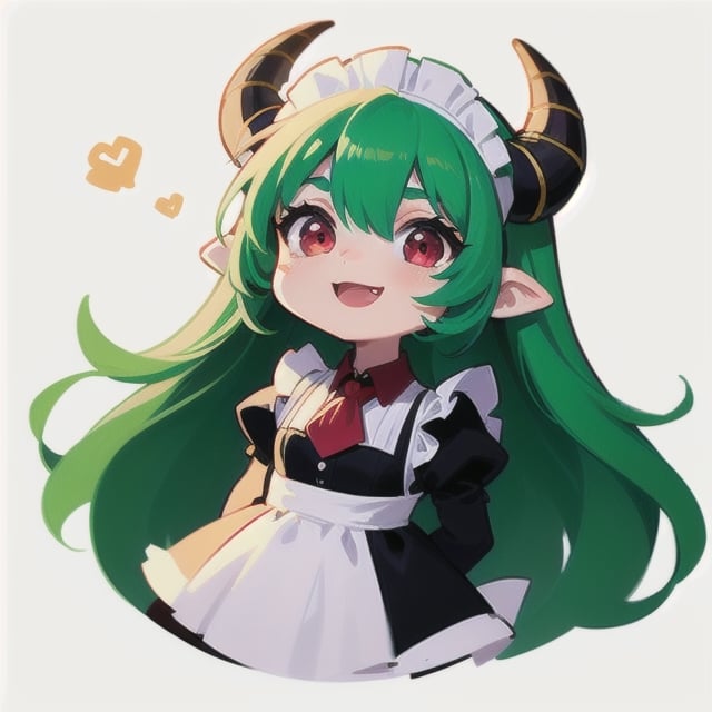  (best quality, vivid colors, anime:1.1), 1girl, chibi, red eyes,horns, red horns, light green hair, long hair, maid costume,maid headdress, gentle sunlight, cheerful expression, profile pic, white background, sticker, twitch emoji