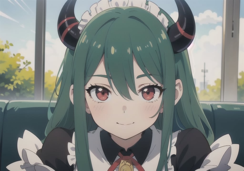 (best quality, vivid colors, anime:1.1), 1girl, red eyes, horns, red horns, light green hair, long hair, maid costume, maid headdress, gentle sunlight, cheerful expression, face focus, staring at viewer, profile picture, brightful colors, pov_eye_contact, in front of camera, sitting at a cafeteria