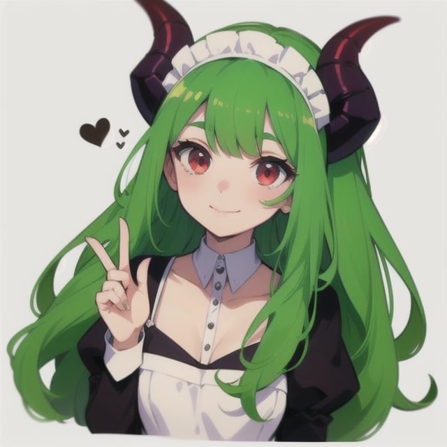  (best quality, vivid colors, anime:1.1), 1girl, chibi, red eyes,horns, red horns, light green hair, long hair, maid costume,maid headdress, gentle sunlight, cheerful expression, profile pic, white background, sticker, twitch emoji