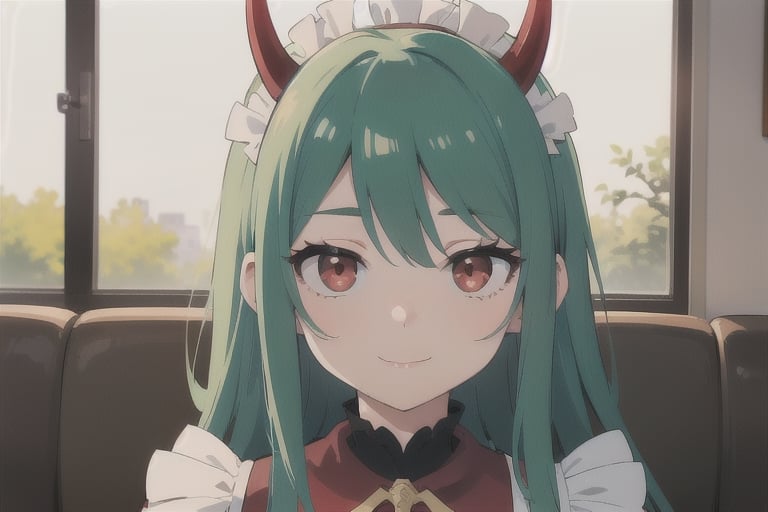 (best quality, vivid colors, anime:1.1), 1girl, red eyes, horns, red horns, light green hair, long hair, maid costume, maid headdress, gentle sunlight, cheerful expression, face focus, staring at viewer, profile picture, brightful colors, pov_eye_contact, in front of camera, sitting at a cafeteria