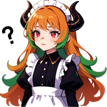 (best quality, vivid colors, anime:1.1), 1girl, chibi, red eyes,horns, red horns, light green hair, confused with a question mark, confused look, long hair, maid costume,maid headdress, gentle sunlight, cheerful expression, emote for twitch, white background, sticker