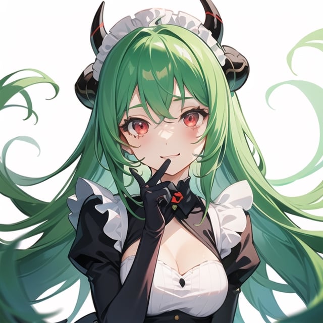 (best quality, vivid colors, anime:1.1), 1girl, red eyes, horns, red horns, light green hair, long hair, maid costume, maid headdress, gentle sunlight, cheerful expression, white background, face only, face focus, staring at viewer, 