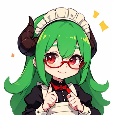 (best quality, vivid colors, anime:1.1), 1girl, chibi, red eyes,horns, red horns, light green hair, long hair, maid costume,maid headdress,nerd, nerd glasses, gentle sunlight, cheerful expression, emote for twitch, white background, sticker, finger_pointing