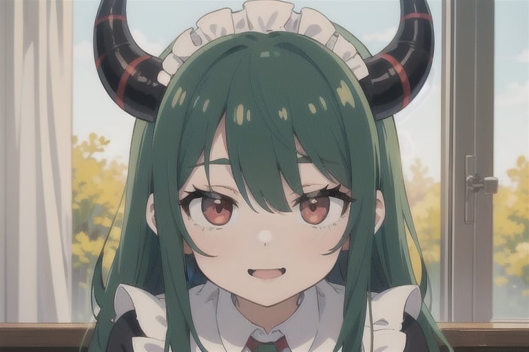 (best quality, vivid colors, anime:1.1), 1girl, red eyes, horns, red horns, light green hair, long hair, maid costume, maid headdress, gentle sunlight, cheerful expression, face focus, staring at viewer, profile picture, brightful colors, pov_eye_contact, in front of camera, sitting at a cafeteria