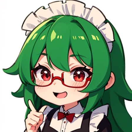 (best quality, vivid colors, anime:1.1), 1girl, chibi, red eyes,horns, red horns, light green hair, long hair, maid costume,maid headdress,nerd, nerd glasses, gentle sunlight, cheerful expression, emote for twitch, white background, sticker, finger_pointing