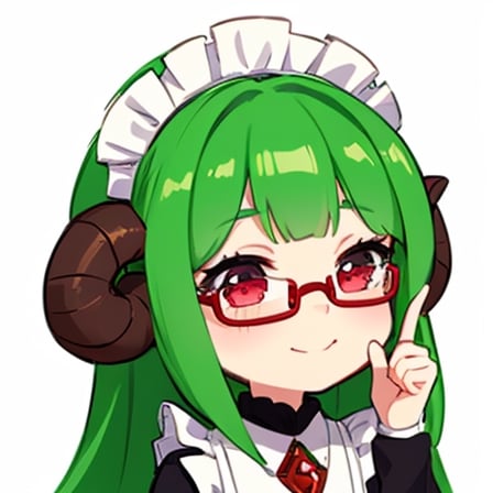 (best quality, vivid colors, anime:1.1), 1girl, chibi, red eyes,horns, red horns, light green hair, long hair, maid costume,maid headdress,nerd, nerd glasses, gentle sunlight, cheerful expression, emote for twitch, white background, sticker, finger_pointing