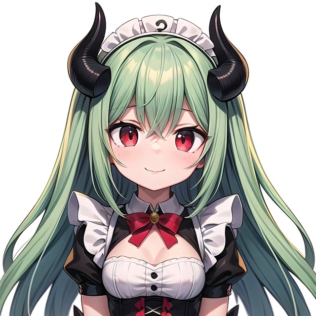 (best quality, vivid colors, anime:1.1), 1girl, red eyes, horns, red horns, light green hair, long hair, maid costume, maid headdress, gentle sunlight, cheerful expression, white background, face only, face focus, staring at viewer, 