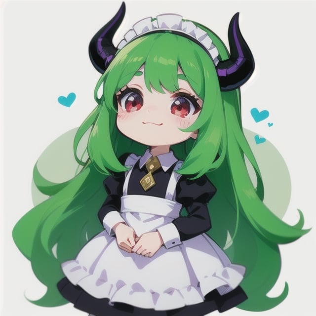  (best quality, vivid colors, anime:1.1), 1girl, chibi, red eyes,horns, red horns, light green hair, long hair, maid costume,maid headdress, gentle sunlight, cheerful expression, profile pic, white background, sticker, twitch emoji