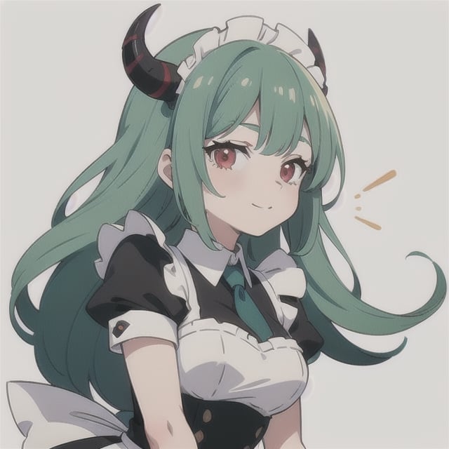 (best quality, vivid colors, anime:1.1), 1girl, red eyes, horns, red horns, light green hair, long hair, maid costume, maid headdress, gentle sunlight, cheerful expression, white background, face only, face focus, staring at viewer,profile picture