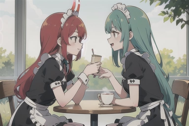 (best quality, vivid colors, anime:1.1), 1girl, red eyes, horns, red horns, light green hair, long hair, maid costume, maid headdress, gentle sunlight, cheerful expression, face focus, profile picture, brightful colors, sitting at a cafeteria, holding a coffee