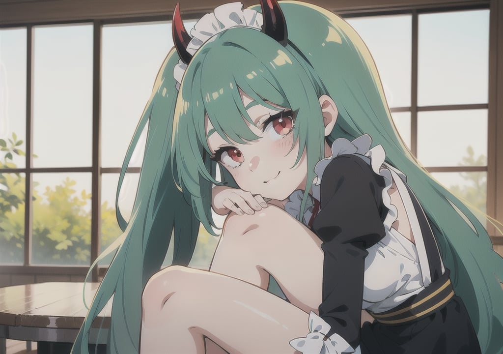 (best quality, vivid colors, anime:1.1), 1girl, red eyes, horns, red horns, light green hair, long hair, maid costume, maid headdress, gentle sunlight, cheerful expression, face focus, staring at viewer, profile picture, brightful colors, pov_eye_contact, in front of camera, sitting at a cafeteria