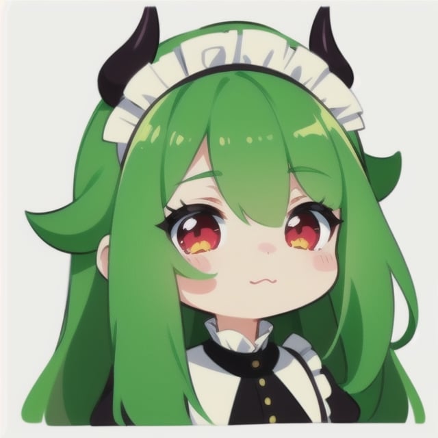  (best quality, vivid colors, anime:1.1), 1girl, chibi, red eyes,horns, red horns, light green hair, confused with a question mark, confused look, long hair, maid costume,maid headdress, gentle sunlight, cheerful expression, emote for twitch, white background, sticker, twitch emoji