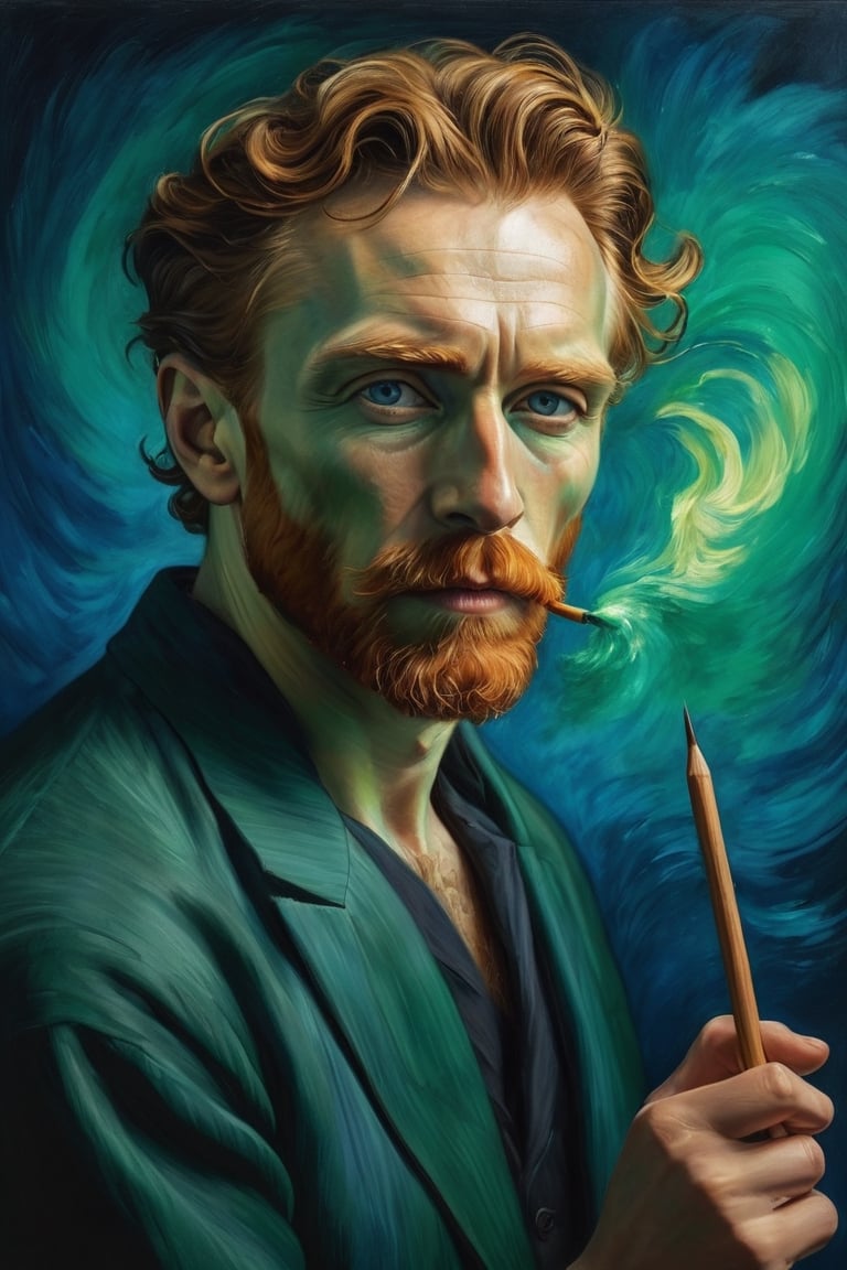 Van Gogh painting his self-portrait in Van Gogh style. [Alberto Vargas | Gil Elvgren | Olivia De Berardinis] style Painting, (2020s themes). (delicate sfumato:3), (blue to 'dark green' Renaissance Radiance:2), ('shadows to bright gradient':2.5). (chiaroscuro, deep shadows), (ethereal, harmonious composition, landscapes, intricate backgrounds), (emotion-evoking poses)