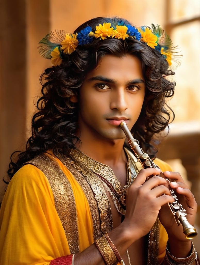 A beautiful dark-haired boy plays the flute. He has graphite gray skin. Beautiful, very long, black, wavy hair falling down to her chest. She has a colorful peacock feather in her hair. Flower garland on the chest. He gracefully holds a transverse flute in his hands. Halo around the head. The color of the clothes is yellow with a touch of blue. He lives in the spiritual world. Gold decorations on the neck and hands. Soft light!!! Shallow depth of field. ultra quality, epic movie, intricate details, HDR, beautiful shot, hyper-realistic, 64 megapixels, perfect composition, high contrast, cinematic, atmospheric, moody, warm light, fantasy art, very long wavy black hair, vignette, highly detailed, high budget , Bollywood movie, l3min, h4n3n, aesthetic portrait, IncrsClownMakeupMeme, high detail, realhands, color magic, handsome Italian boy, saturated colors, color saturation, Renaissance,
,gregor rutkowski
​