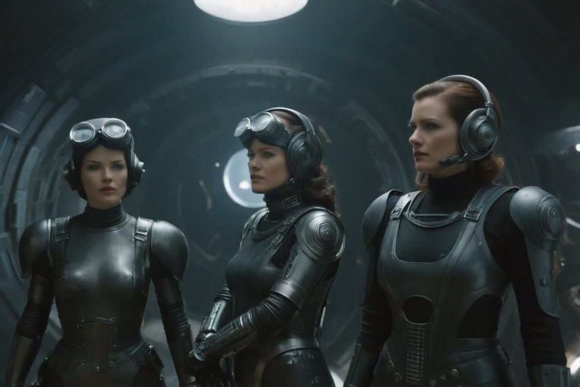 A tense standoff unfolds within the foggy confines of a retro-futuristic spaceship. Fritz Lang's protagonist stands firm, clad in worn leather and goggles, as two women and one man clad in steam-powered armor prepare for battle against an otherworldly foe. A striking female figure, donning a metallic spacesuit and 1910-era hairstyles, fixes her gaze on the encroaching extraterrestrial threat. Amidst the chaos, she remains steadfast. The dimly lit interior is illuminated only by the eerie glow of the moonlit metropolis visible through the portholes, casting an ominous light on the impending conflict., laser gun, M16 Rifle series