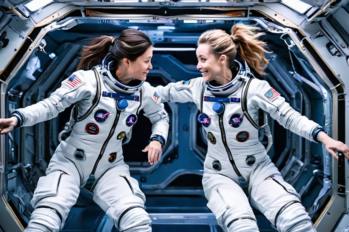 Two female astronauts float in zero gravity inside a space station, conversing with each other as they move through the station.,