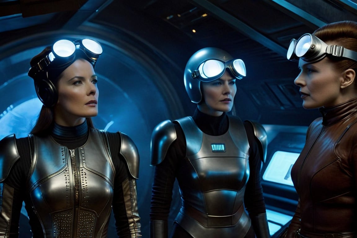 A tense standoff unfolds within the foggy confines of a retro-futuristic spaceship. Fritz Lang's protagonist stands firm, clad in worn leather and goggles, as two women and one man clad in steam-powered armor prepare for battle against an otherworldly foe. A striking female figure, donning a metallic spacesuit and 1910-era hairstyles, a robot assits them, fixes her gaze on the encroaching extraterrestrial threat. Amidst the chaos, she remains steadfast. The dimly lit interior is illuminated only by the eerie glow of the moonlit metropolis visible through the portholes, casting an ominous light on the impending conflict.