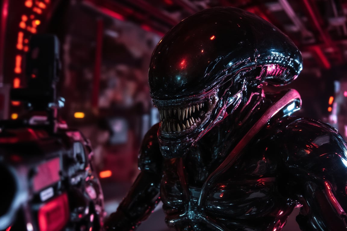 A close-up shot of the extraterrestrial's snarling face, the camera positioned directly in front of it to emphasize its menacing demeanor. the alien is wearing a enhanced rmechanical suiit, The neon lighting , with a hint of red tint to accentuate the alien's fiery gaze. Its teeth are bared, revealing sharp, pointed fangs, as it growls at me through gritted lips. In the background, a blurry, metallic environment stretches out, adding to the sense of tension and foreboding. The composition focuses on the alien's agitated face, with the gun raised and ready to fire, casting a dark shadow across its features.