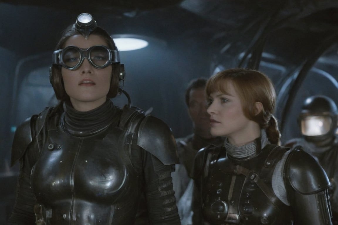 A tense standoff unfolds within the foggy confines of a retro-futuristic spaceship. Fritz Lang's protagonist stands firm, clad in worn leather and goggles, as two women and one man clad in steam-powered armor prepare for battle against an otherworldly foe. A striking female figure, donning a metallic spacesuit and 1910-era hairstyles, fixes her gaze on the encroaching extraterrestrial threat. Amidst the chaos, she remains steadfast. The dimly lit interior is illuminated only by the eerie glow of the moonlit metropolis visible through the portholes, casting an ominous light on the impending conflict., laser gun, M16 Rifle series