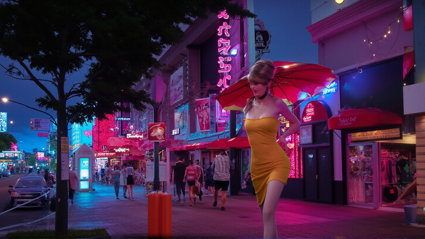 A sultry blonde bombshell, hair styled in a Farrah Fawcett-esque flip, sashays down the vibrant sidewalk under the warm glow of neon lights. A snug yellow sundress hugs her curves as she confidently strides through the bustling street, high heels clicking out the rhythm. Retro-style billboards and neon signs create a lively backdrop as she disappears into the crowded summer night scene.