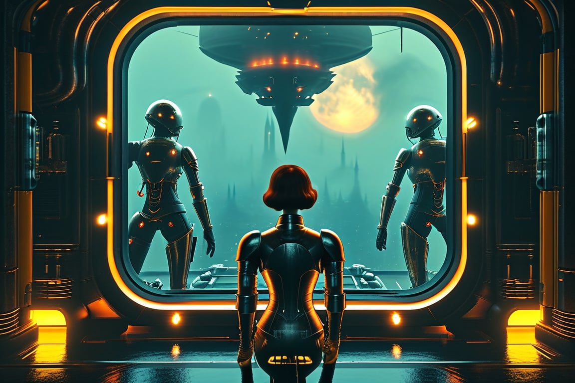 A tense standoff unfolds within the foggy confines of a retro-futuristic spaceship. Fritz Lang's protagonist stands firm, clad in worn leather and goggles, as two women and one man clad in steam-powered armor prepare for battle against an otherworldly foe. A striking female figure, donning a metallic spacesuit and 1910-era hairstyles, a robot assits them, fixes her gaze on the encroaching extraterrestrial threat. Amidst the chaos, she remains steadfast. The dimly lit interior is illuminated only by the eerie glow of the moonlit metropolis visible through the portholes, casting an ominous light on the impending conflict.