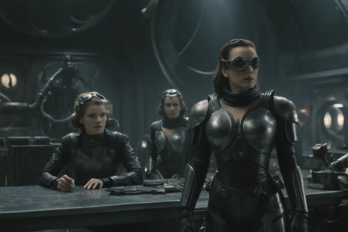 A tense standoff unfolds within the foggy confines of a retro-futuristic spaceship. Fritz Lang's protagonist stands firm, clad in worn leather and goggles, as two women and one man clad in steam-powered armor prepare for battle against an otherworldly foe. A striking female figure, donning a metallic spacesuit and 1910-era hairstyles, fixes her gaze on the encroaching extraterrestrial threat. Amidst the chaos, she remains steadfast. The dimly lit interior is illuminated only by the eerie glow of the moonlit metropolis visible through the portholes, casting an ominous light on the impending conflict., laser gun, M16 Rifle series