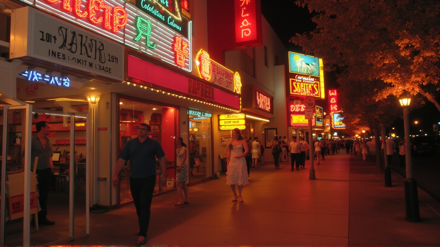 A sultry blonde bombshell, hair styled in a Farrah Fawcett-esque flip, sashays down the vibrant sidewalk under the warm glow of neon lights. A snug yellow sundress hugs her curves as she confidently strides through the bustling street, high heels clicking out the rhythm. Retro-style billboards and neon signs create a lively backdrop as she disappears into the crowded summer night scene.