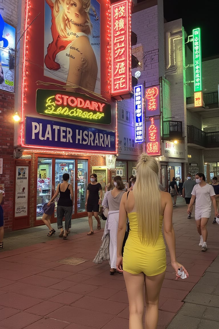 A cover of a magazine ,from  simplicissimus style. sultry blonde bombshell, hair styled in a Farrah Fawcett-esque flip, sashays down the vibrant sidewalk under the warm glow of neon lights. A snug yellow sundress hugs her curves as she confidently strides through the bustling street, high heels clicking out the rhythm. Retro-style billboards and neon signs create a lively backdrop as she disappears into the crowded summer night scene.