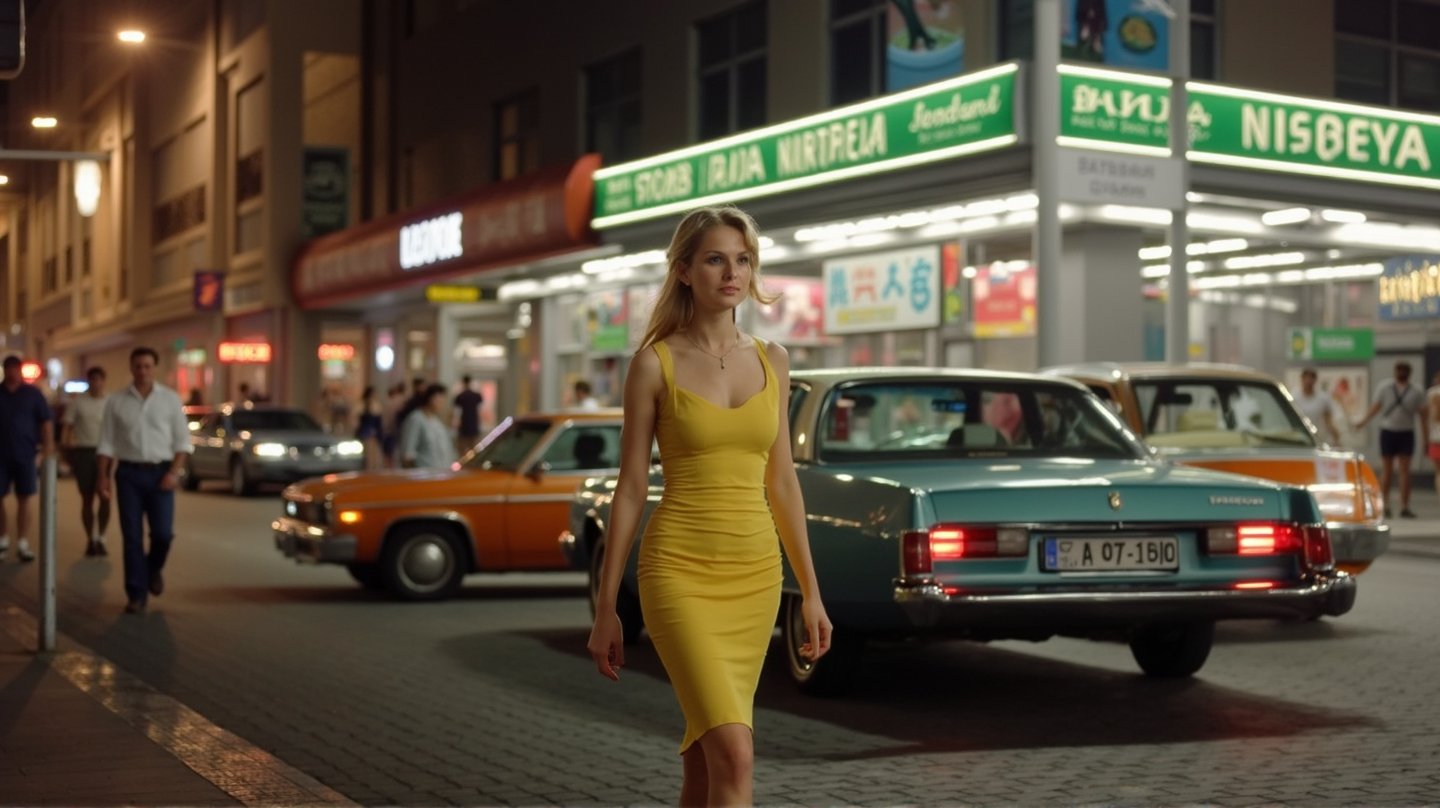  a blonde woman wearing a tight yellow dress , walking in a busy street , 70s vintage look 