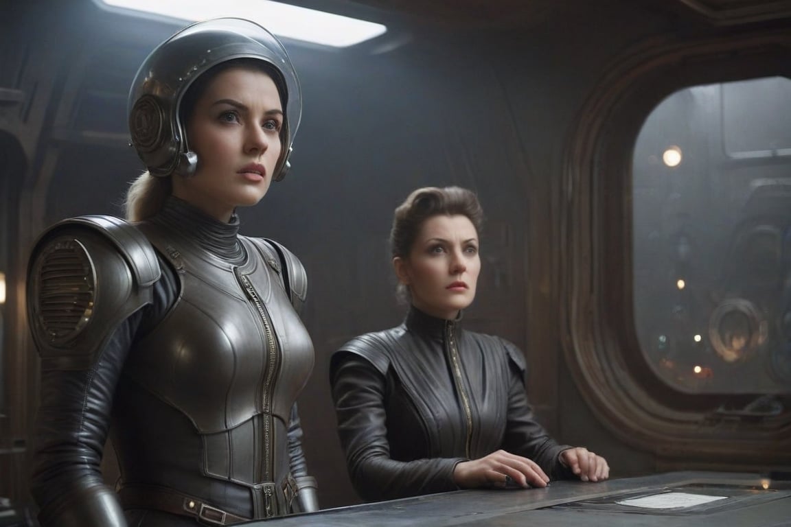 A tense standoff unfolds within the foggy confines of a retro-futuristic spaceship. Fritz Lang's protagonist stands firm, clad in worn leather and goggles, as two women and one man clad in steam-powered armor prepare for battle against an otherworldly foe. A striking female figure, donning a metallic spacesuit and 1910-era hairstyles, fixes her gaze on the encroaching extraterrestrial threat. Amidst the chaos, she remains steadfast. The dimly lit interior is illuminated only by the eerie glow of the moonlit metropolis visible through the portholes, casting an ominous light on the impending conflict.,facial expression,Maschinenmensch1024