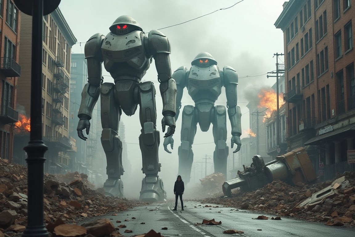 A chaotic scene unfolds as a swarm of mechanical behemoths, with gleaming metallic bodies and glowing red eyes, descends upon the city street. The once-quiet avenue is now a battleground, with towering robots stomping through debris and wreckage. In the foreground, a lone figure cowers amidst the destruction, while in the background, smoke and flames billow from overturned buildings.