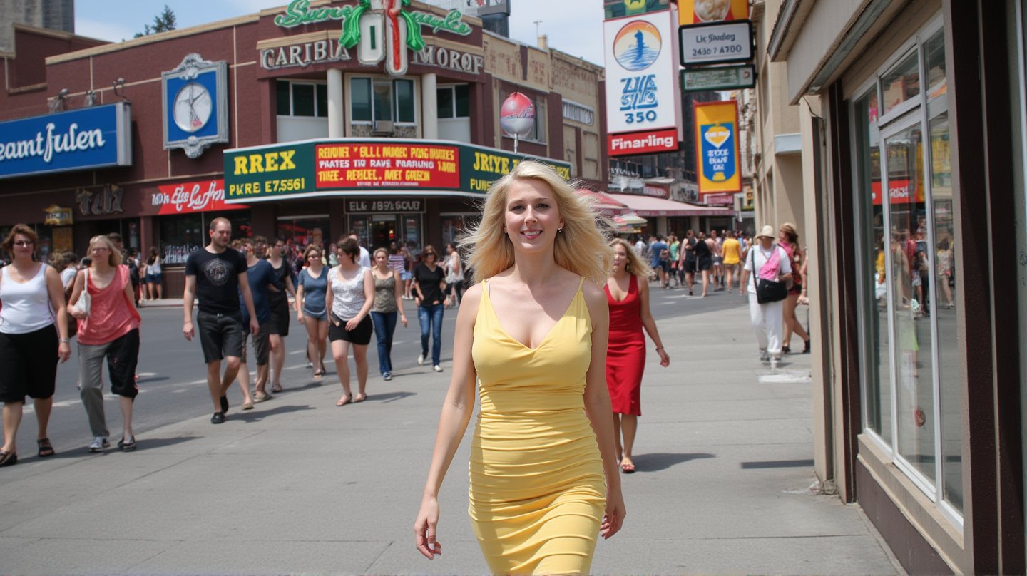 A buxom blonde woman, hair styled in a Farrah Fawcett-inspired flip, wears a snugly fitted yellow sundress that accentuates her curves. She confidently strides down the bustling street, her high heels clicking on the pavement, amidst a backdrop of retro-style billboards and neon signs. The warm sunlight casts a flattering glow, highlighting the dress's bright color as she disappears into the crowd.