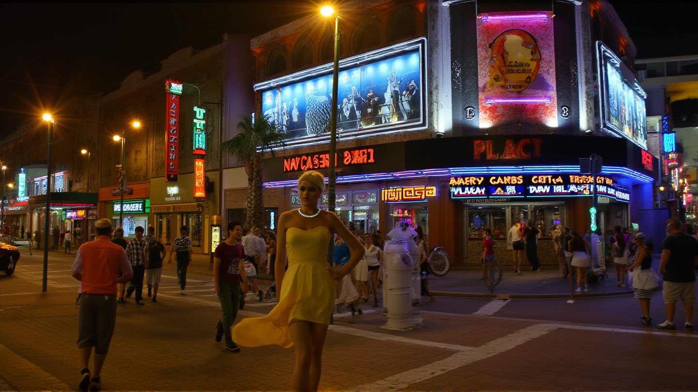 A sultry blonde bombshell, hair styled in a Farrah Fawcett-esque flip, sashays down the vibrant sidewalk under the warm glow of neon lights. A snug yellow sundress hugs her curves as she confidently strides through the bustling street, high heels clicking out the rhythm. Retro-style billboards and neon signs create a lively backdrop as she disappears into the crowded summer night scene.