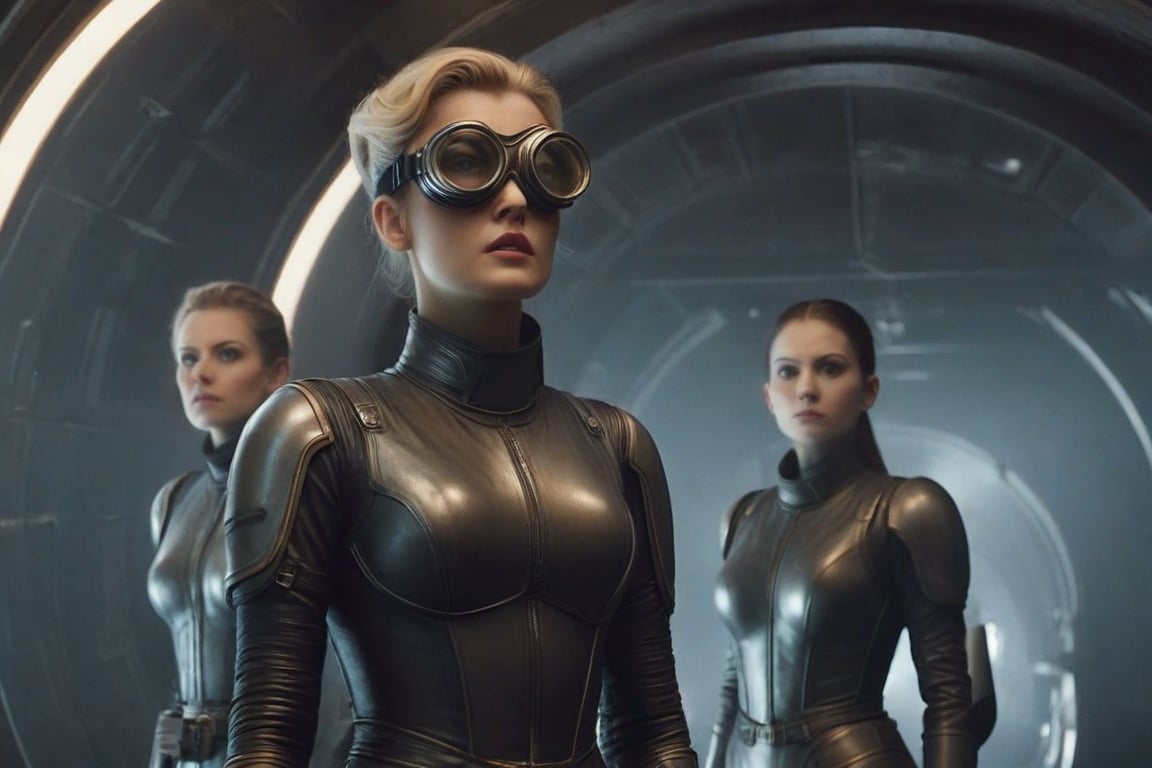 A tense standoff unfolds within the foggy confines of a retro-futuristic spaceship. Fritz Lang's protagonist stands firm, clad in worn leather and goggles, as two women and one man clad in steam-powered armor prepare for battle against an otherworldly foe. A striking female figure, donning a metallic spacesuit and 1910-era hairstyles, fixes her gaze on the encroaching extraterrestrial threat. Amidst the chaos, she remains steadfast. The dimly lit interior is illuminated only by the eerie glow of the moonlit metropolis visible through the portholes, casting an ominous light on the impending conflict.,facial expression,Maschinenmensch1024