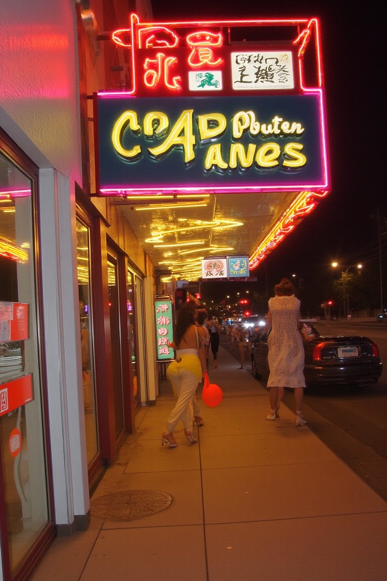 A cover of a magazine , simplicissimus style. sultry blonde bombshell, hair styled in a Farrah Fawcett-esque flip, sashays down the vibrant sidewalk under the warm glow of neon lights. A snug yellow sundress hugs her curves as she confidently strides through the bustling street, high heels clicking out the rhythm. Retro-style billboards and neon signs create a lively backdrop as she disappears into the crowded summer night scene.