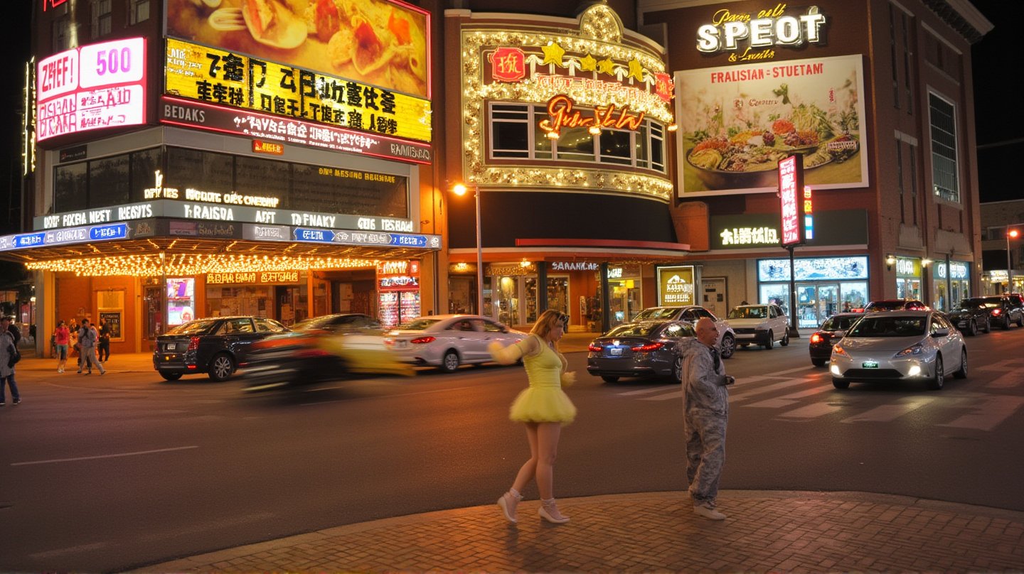 A buxom blonde woman, hair styled in a Farrah Fawcett-inspired flip, wears a snugly fitted yellow sundress that accentuates her curves. She confidently strides down the bustling street anf traffic , her high heels clicking on the pavement, amidst a backdrop of retro-style billboards and neon signs. The warm neon lighyts casts a flattering glow, highlighting the dress's bright color as she disappears into the crowd. summer night, busy street, side shot 